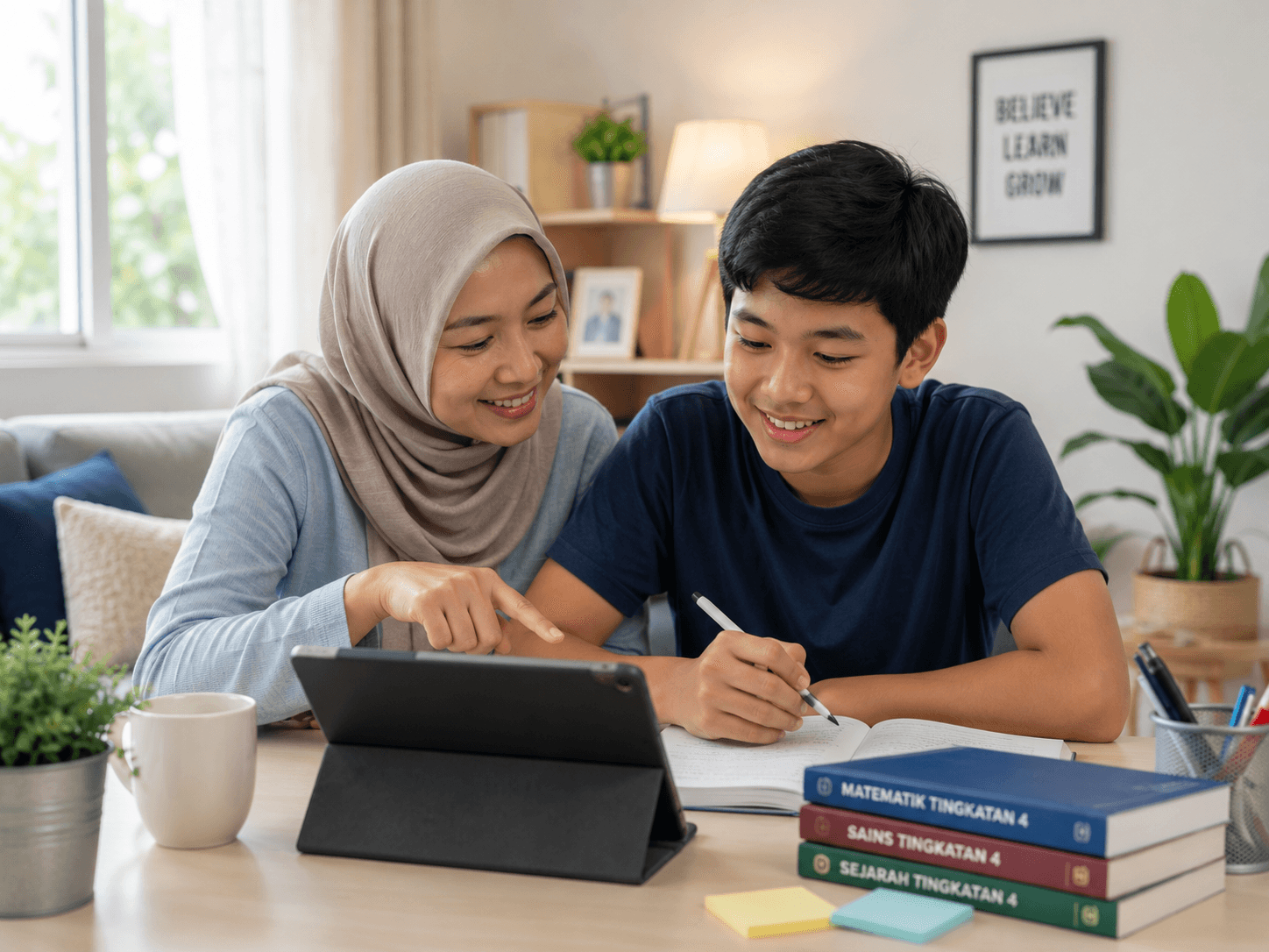 A parent and child reviewing learning progress together at home